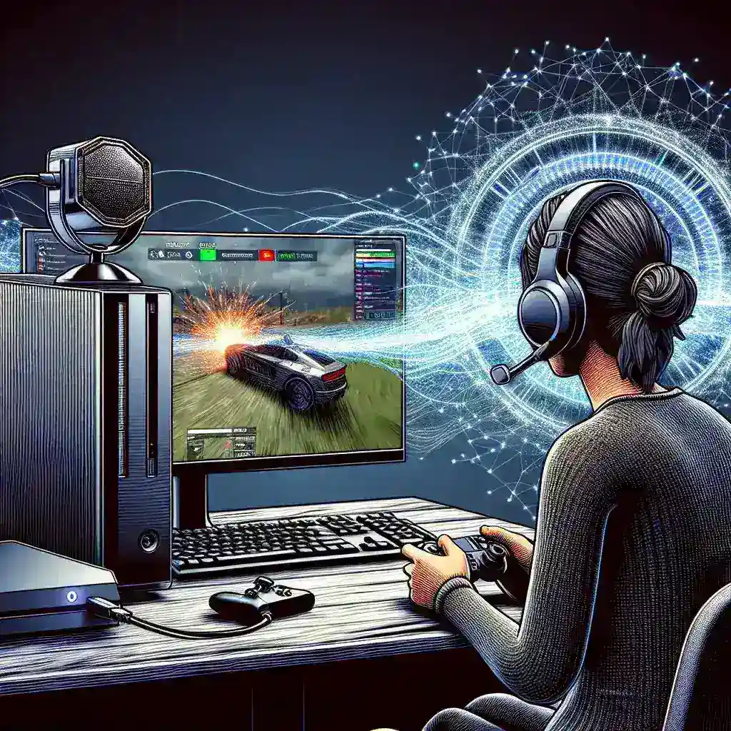 "Captura de pantalla mostrando una tarjeta de captura conectada a una consola de videojuegos y un ordenador, ilustrando cómo utilizar una tarjeta de captura para transmitir juegos en Twitch."